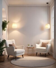 Empty white wall in a cozy reading nook with plush armchairs and floor lamps, reading nook, armchair