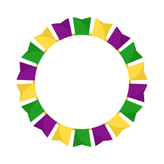 Vector Mardi Gras circle garland frame. Purple, green and yellow flags in circles with empty space on white