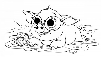 Fototapeta premium Illustration of a cheerful pig with glasses relaxing in a mud puddle surrounded by grass and flowers. coloring page for kids.