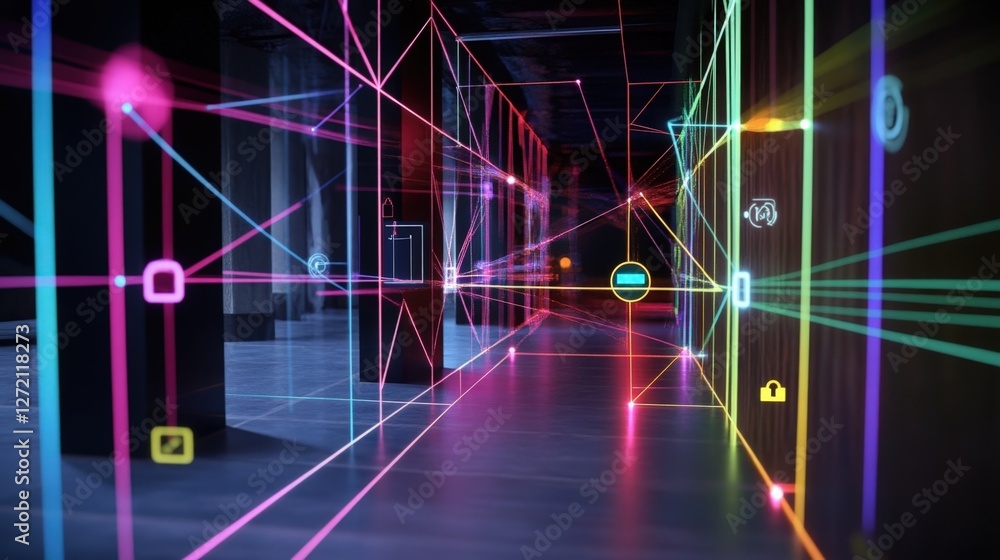 Poster glowing lines and icons representing a cyber security system are protecting a futuristic server corr