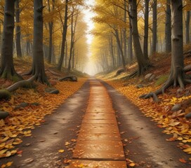 Obraz premium Forest trail with a carpet of golden brown leaves underfoot, fall foliage, autumn landscape, natural beauty