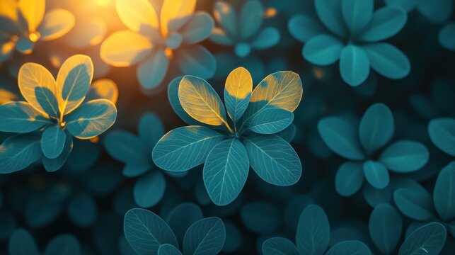 Lush teal leaves backlit by sunrise - Powered by Adobe