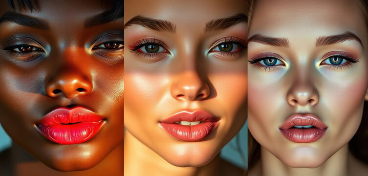 Panel de belleza de tres partes que muestra diversos labios de mujeres africanas, asi&aacute;ticas y cauc&aacute;sicas, acabado brillante, iluminaci&oacute;n radiante y detalles hiperrealistas
