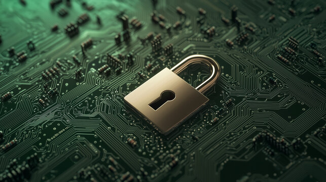 Glowing cyber padlock on a high-tech circuit board. Internet security, privacy protection. Copy space.