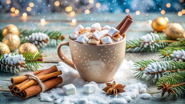 Hot cocoa with marshmallows and cinnamon sticks, winter scene with snowflakes
