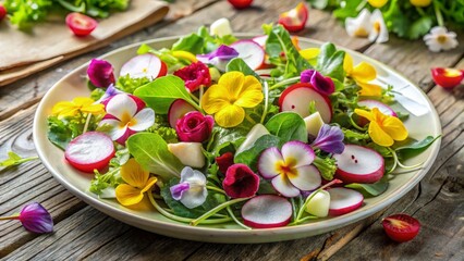 Spring salad with fresh greens, radishes, and edible flowers, light and colorful