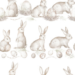 Fototapeta premium Watercolor seamless pattern featuring cute Easter bunnies and rabbits. Hand drawn wallpaper with Easter eggs. Perfect for children's decor, textiles. Design for themed products and nursery wallpaper.
