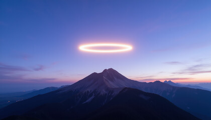Obraz premium Mountain silhouette under glowing halo in twilight sky