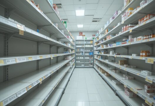 Partially empty pharmacy shelves in a well-lit store.