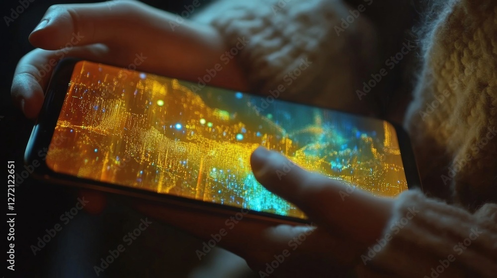 Poster hands holding mobile phone displaying holographic futuristic data analysis with a finger interacting