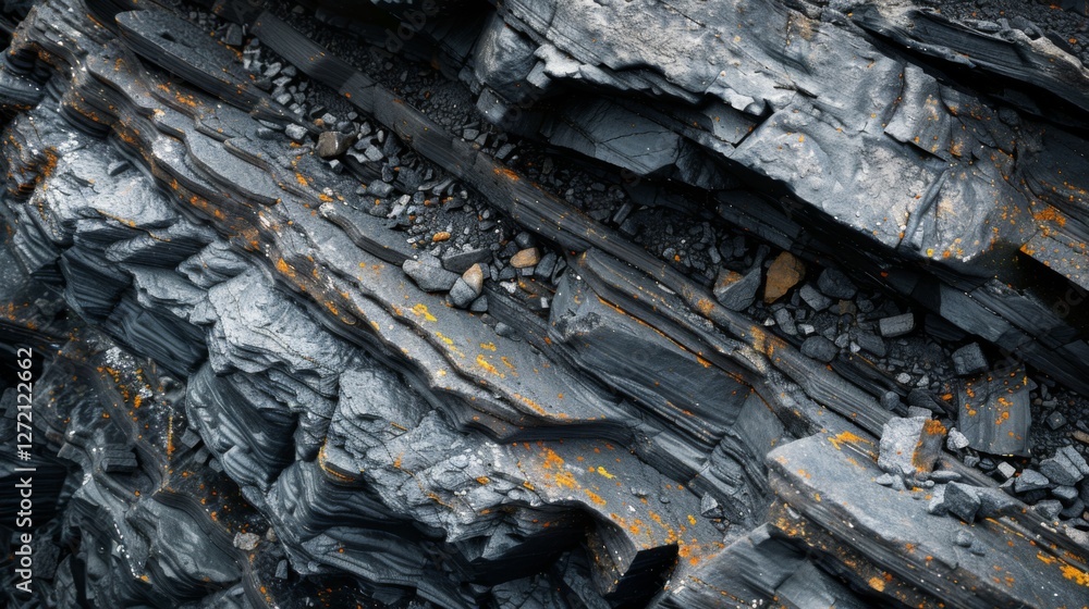 Leinwandbilder Close up view of unique rock layers highlighting the contrast between dark minerals and patches of orange lichen, illustrating geological processes in a natural setting under sunlight.