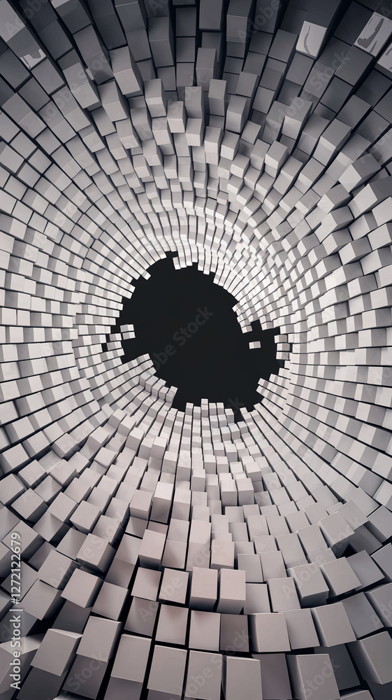 Poster an abstract, dynamic scene showing swirling white cubes forming a tunnel-like spiral, symbolizing mo