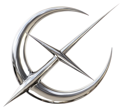 PNG A double shooting star with intersecting curved trails crossing through a crescent moon emblem design futuristic.