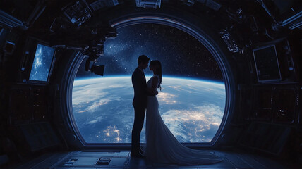 Fototapeta premium 地球を背景に記念写真を撮る新婚カップル、宇宙旅行のロマンチックな瞬間