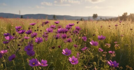 Fototapeta premium Clusters of bright purple cosmos and ragweed in a field with tall stalks of wheat, tall grasses, ragweed, golden yellow flowers