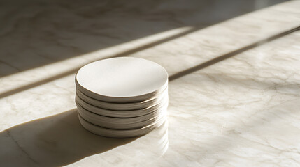 Stack of plain white round paper coasters on light marble surface with sunlight and shadows pattern.