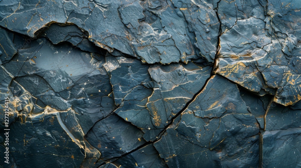 Poster Close up of a rugged black slate rock surface highlighting cracks and intricate textures that reflect its geological history and natural formation processes