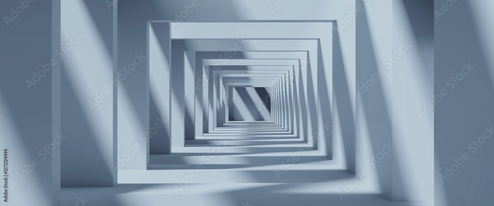 Poster a minimalistic 3d view of a tunnel made of smooth blue walls and frames, creating a sense of depth a
