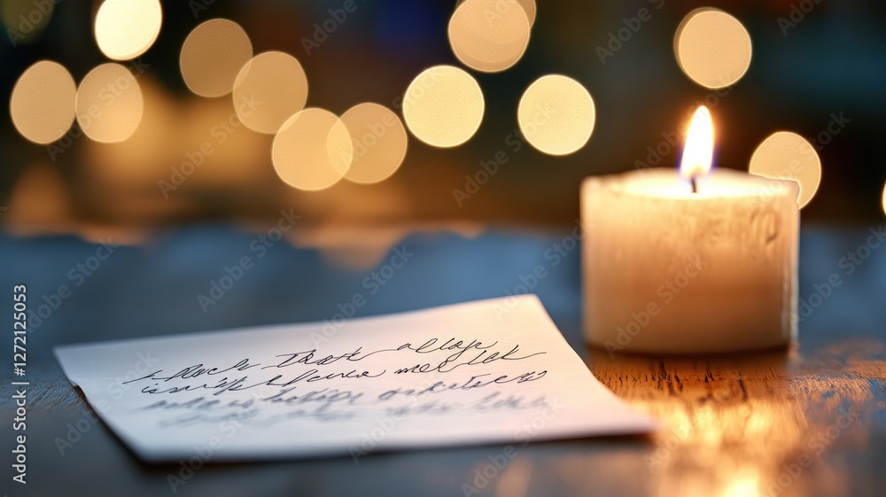 Poster lit candle next to handwritten note with blurred bokeh background