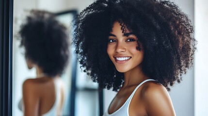  A woman standing in front of a mirror, smiling with self-confidence