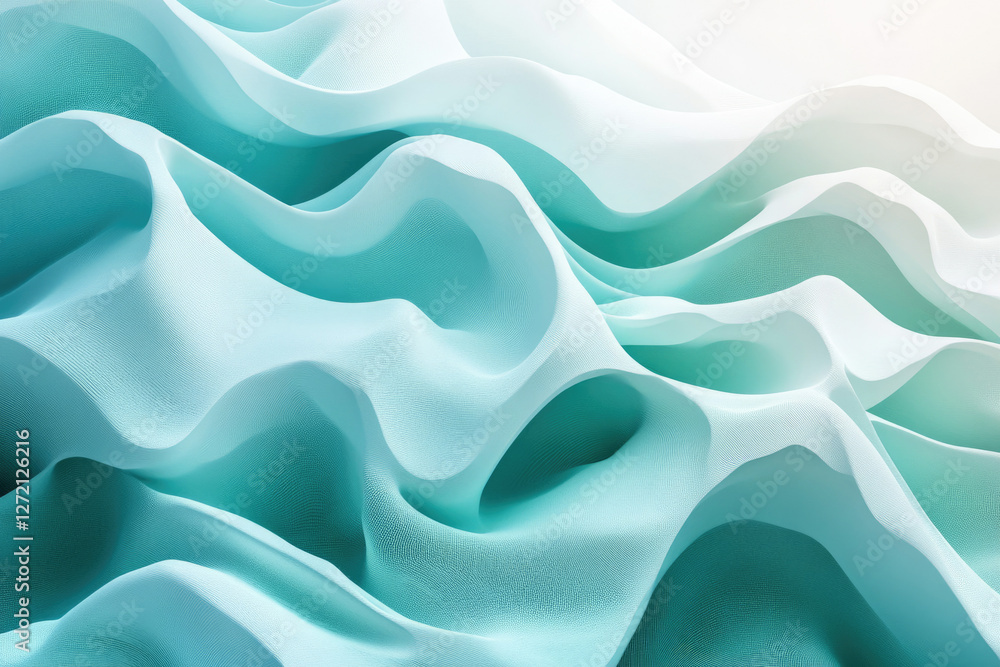 Poster Abstract 3D rendering of flowing, pastel teal fabric with soft waves and curves.