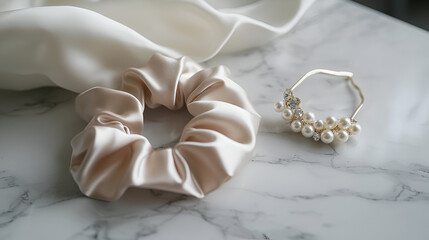 Elegant accessories on marble: Silk scrunchie and pearl-accented hairpin offer a touch of luxury.