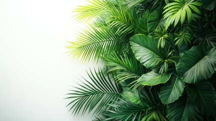 Tropical plants border, white wall background, lush greenery,  poster or presentation design