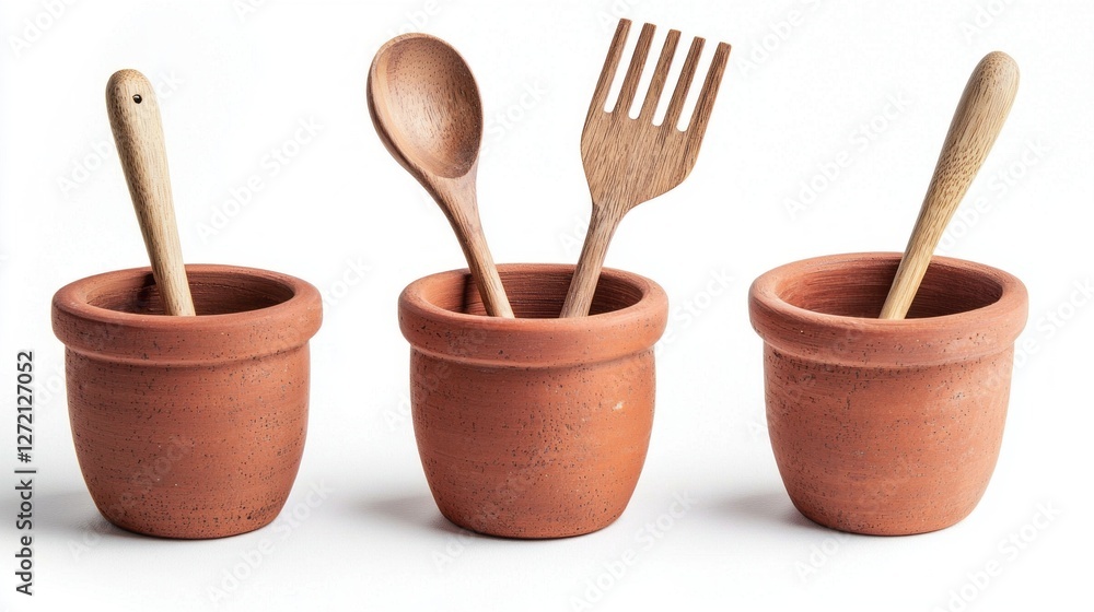 Poster showcasing a charming collection of handcrafted wooden utensils, these spoons and forks rest elegant
