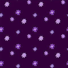 Beautiful small colorful flowers isolated on dark blue background. Cute floral seamless pattern. Vector simple flat graphic hand drawn illustration. Texture.