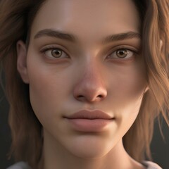 Fototapeta premium A highly detailed, hyper-realistic close-up portrait of an AI-generated human face. This digital artwork features lifelike skin textures, expressive eyes, and natural lighting.