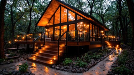 Fototapeta premium Cozy wooden cabin with glowing glass windows and illuminated stairs stands nestled in a quiet forest at twilight.