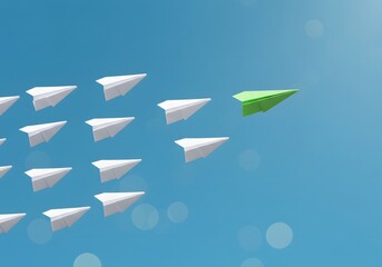 Green Paper Airplane Standing Out Among White Ones