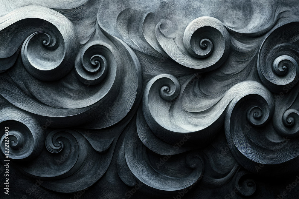 Poster abstract dark gray swirling wave pattern, intricate carved spirals and curves creating a textured, a
