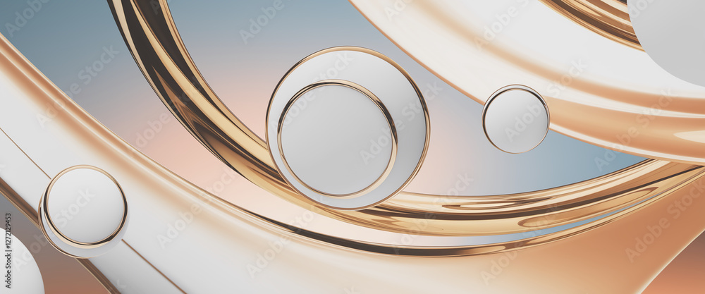 Poster abstract composition of golden and white spherical elements intertwined with smooth metallic curves,