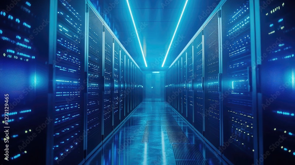 Aufkleber High-tech data center with illuminated server racks and reflective flooring in a futuristic setting. Ideal for cloud computing, cybersecurity, artificial intelligence, and network infrastructure