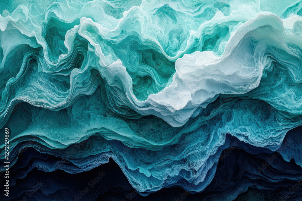Aufkleber abstract ocean waves, layered teal and blue shades, creating a mesmerizing depth and texture.