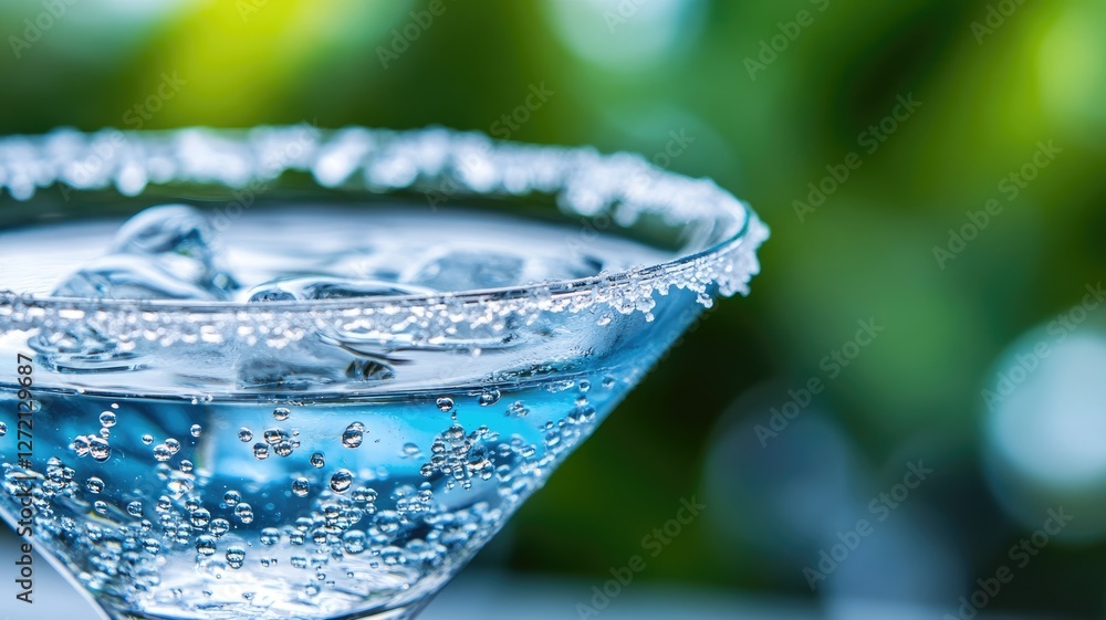 Wall mural Close-up of sparkling beverage with ice in glass salted rim