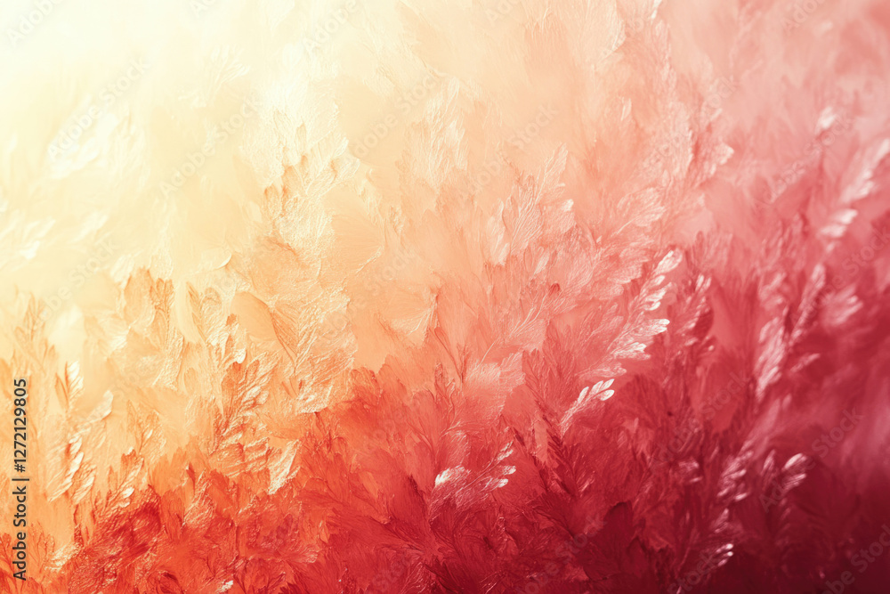 Poster intricate frost patterns on a windowpane, showcasing a warm, reddish-orange gradient.