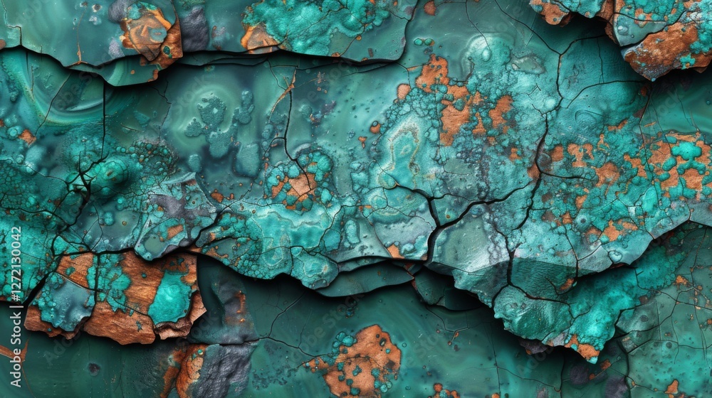Poster the artwork reveals an intricate abstract composition with vivid turquoise and copper elements. natu