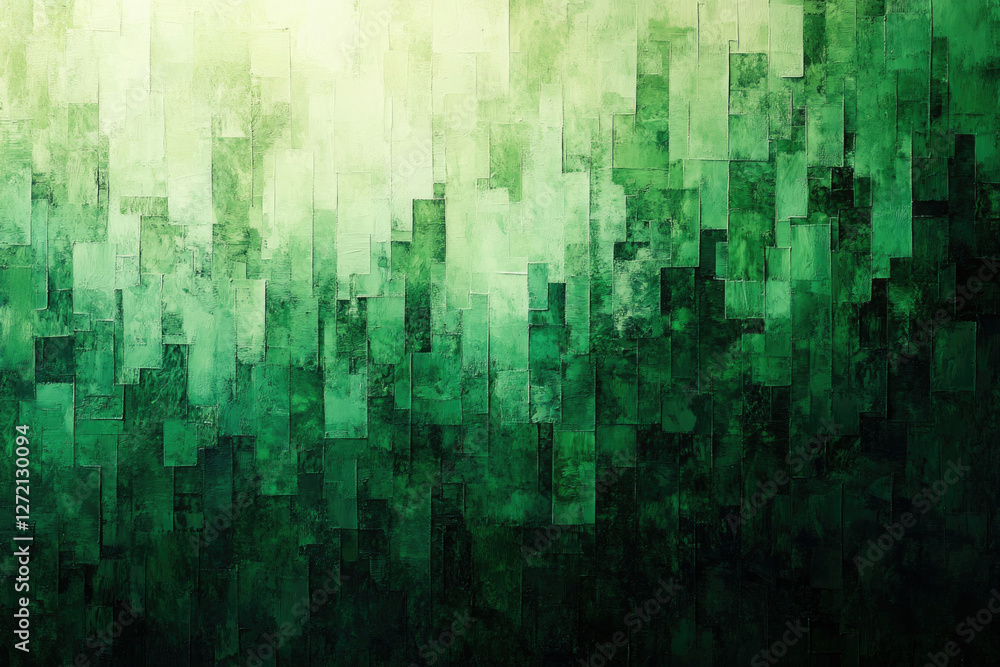 Poster abstract green artwork with textured rectangular blocks, transitioning from light to dark shades.