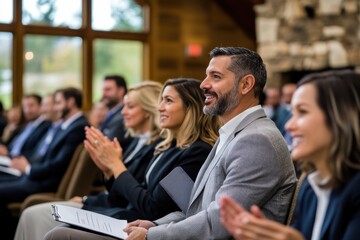 Professional seminar setting with a diverse group of business attendees, enthusiastically applauding a speaker, ultra-clear and detailed, warm and inviting professional atmosphere