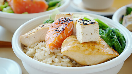 bowl of cooked brown rice topped with grilled salmon, chicken breast, tofu, and sauteed greens, garnished with black sesame seeds. dish is served white bowl with another similar dish background