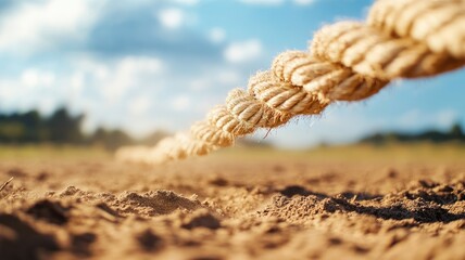Close-up of thick rope lying on sandy ground outdoors