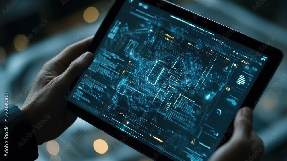 Poster it technician holding a tablet with a futuristic cyber security interface, featuring intricate diagr