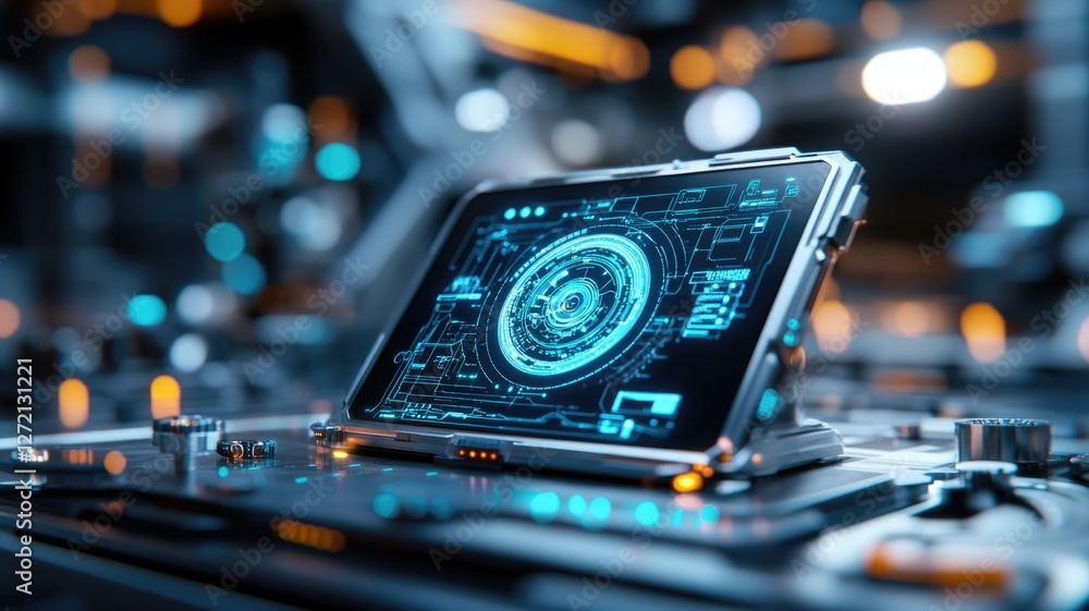 Poster futuristic tablet with digital interface in high-tech environment