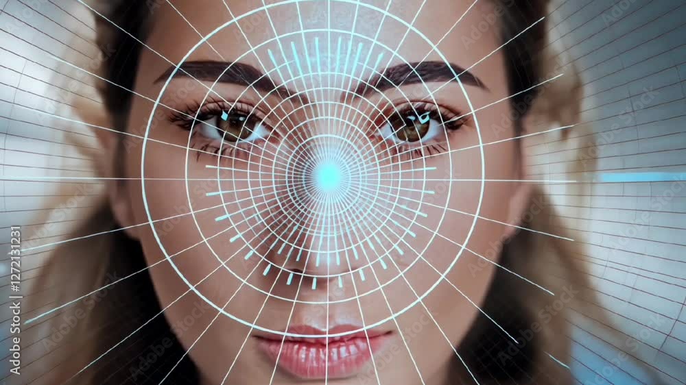 Poster close-up of woman face with futuristic biometric digital scanning interface showing cybersecurity ar