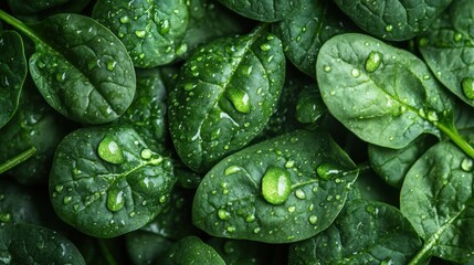 fresh green spinach leaves with water drops background