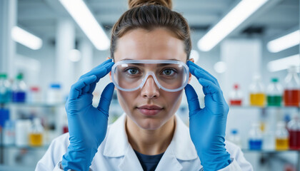 Obraz premium Female scientist adjusting goggles in laboratory environment