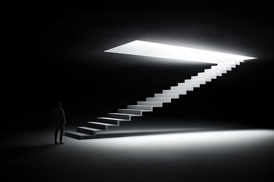 Ein einsamer Mensch vor einer leuchtenden T&uuml;r im Schwarz-Wei&szlig;-Kontrast

