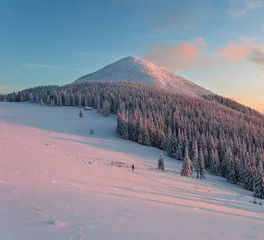 Winter sunrise photo. A panoramic view of the covered with snowy mountain peak. Natural landscape with beautiful sky. Location place Carpathian, Ukraine, Europe.